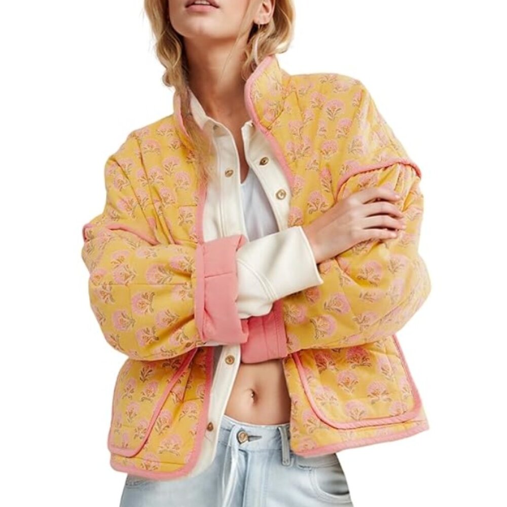 NWT Sunday Up quilted jacket floral orange and coral pink, Size S